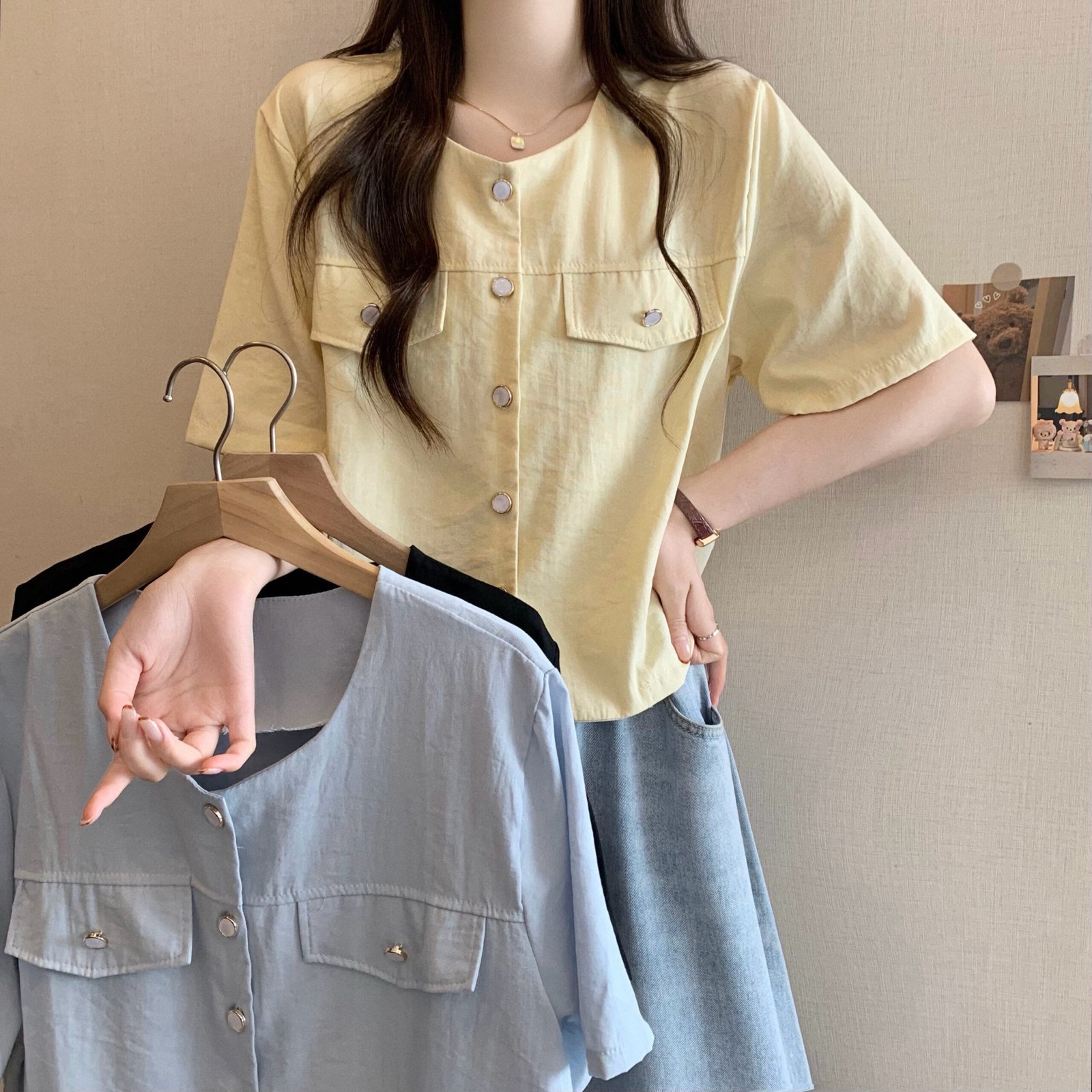 Vapetix Free Size-Free Size Shooted New Korean Style Design Sensibility Short Sleeve Square Collar Blouse Cardigan
