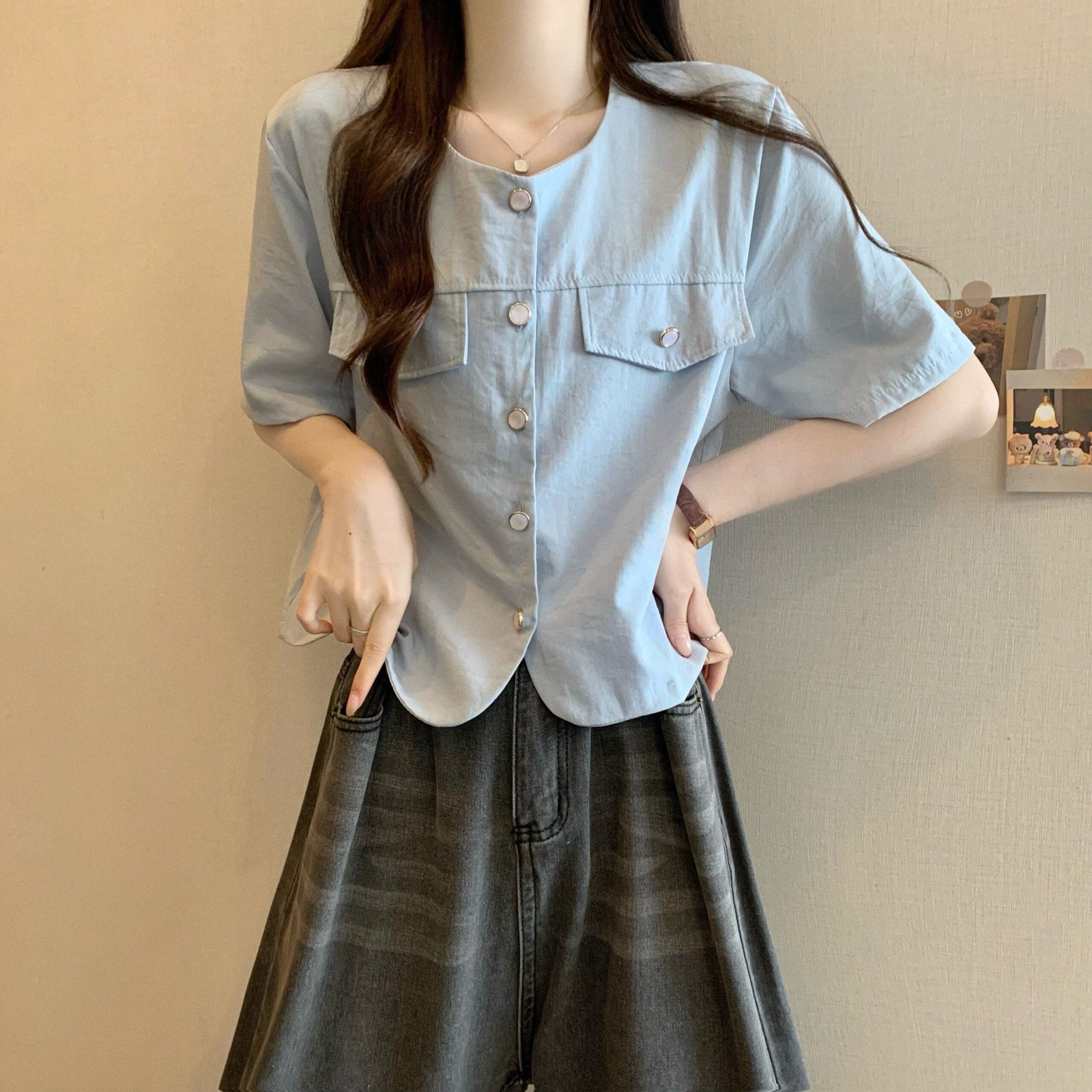 Vapetix Free Size-Free Size Shooted New Korean Style Design Sensibility Short Sleeve Square Collar Blouse Cardigan – Bild 2