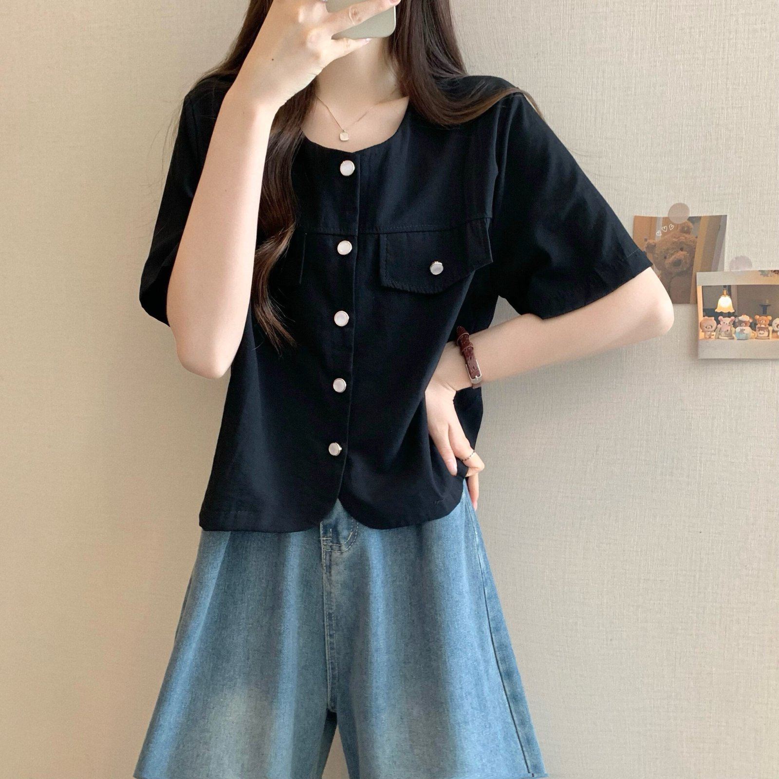 Vapetix Free Size-Free Size Shooted New Korean Style Design Sensibility Short Sleeve Square Collar Blouse Cardigan – Bild 3