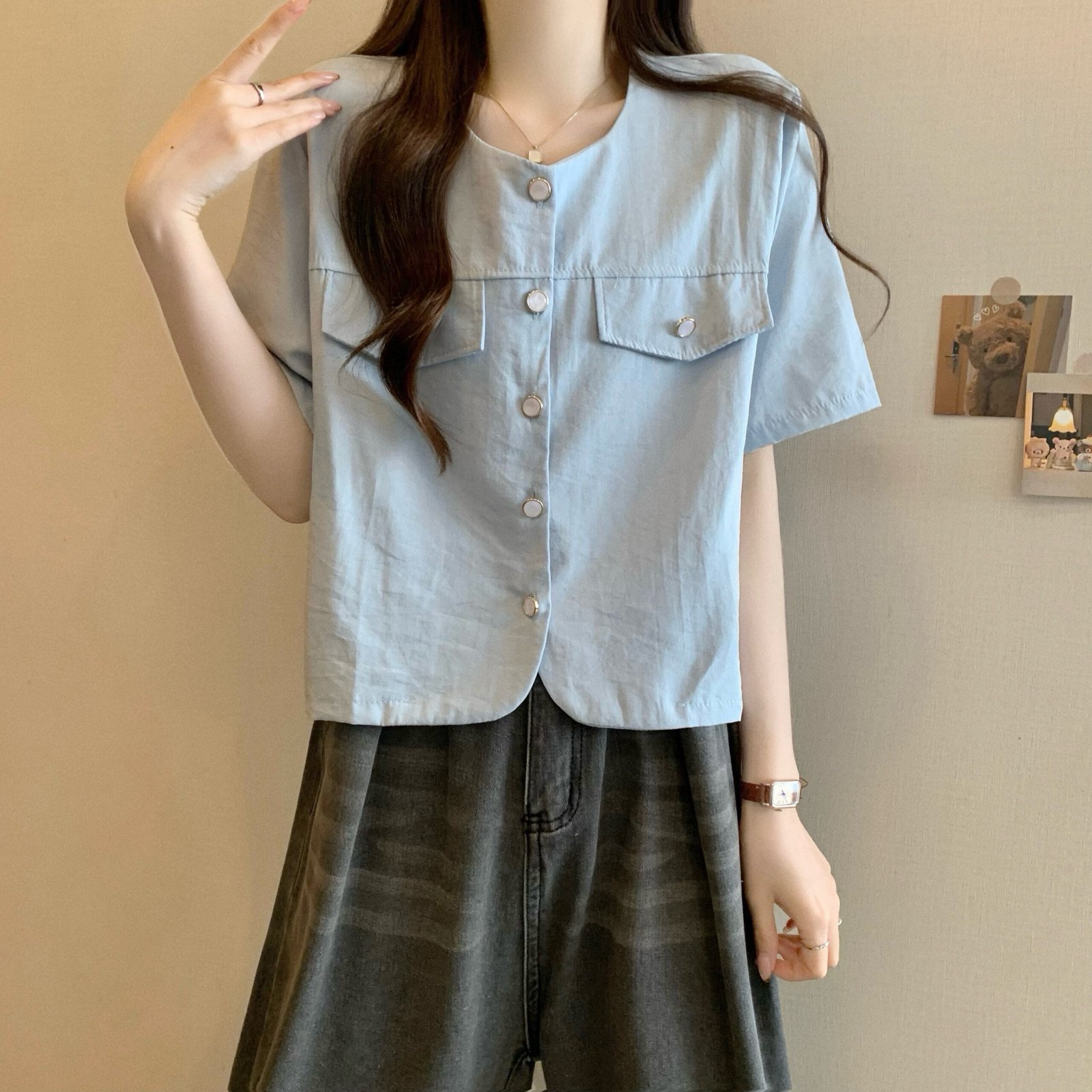 Vapetix Free Size-Free Size Shooted New Korean Style Design Sensibility Short Sleeve Square Collar Blouse Cardigan – Bild 5