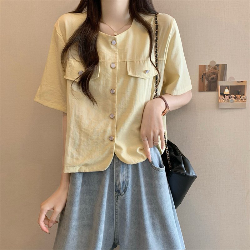 Vapetix Free Size-Free Size Shooted New Korean Style Design Sensibility Short Sleeve Square Collar Blouse Cardigan – Bild 7