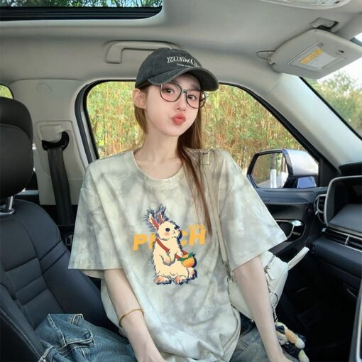 Vapetix M-2XL  200g Pure Cotton Fleece Collarless Tie-Dye Short-Sleeve T-Shirt for Women 2025 Top