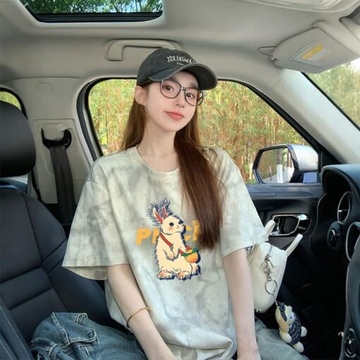 Vapetix M-2XL  200g Pure Cotton Fleece Collarless Tie-Dye Short-Sleeve T-Shirt for Women 2025 Top - Afbeelding 2