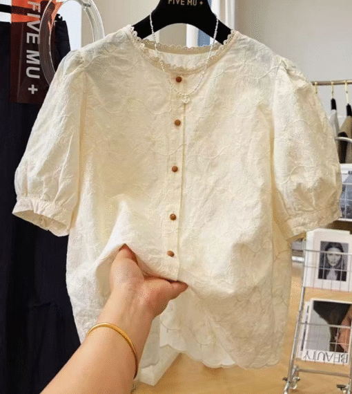 Vapetix Plus Size L-M  New Summer Large Women's Cotton-Linen Blouse High-end Linen Short Sleeve Loose Round Neck Shirt Sty