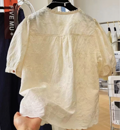 Vapetix Plus Size L-M  New Summer Large Women's Cotton-Linen Blouse High-end Linen Short Sleeve Loose Round Neck Shirt Sty - Afbeelding 2