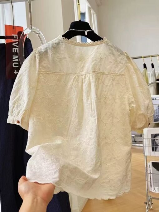 Vapetix Plus Size L-M  New Summer Large Women's Cotton-Linen Blouse High-end Linen Short Sleeve Loose Round Neck Shirt Sty - Afbeelding 4
