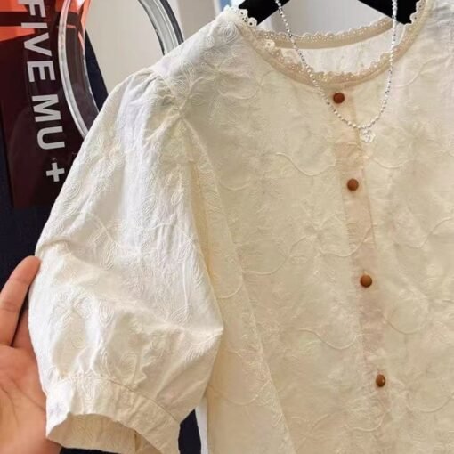 Vapetix Plus Size L-M  New Summer Large Women's Cotton-Linen Blouse High-end Linen Short Sleeve Loose Round Neck Shirt Sty - Afbeelding 5