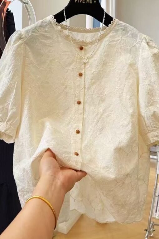 Vapetix Plus Size L-M  New Summer Large Women's Cotton-Linen Blouse High-end Linen Short Sleeve Loose Round Neck Shirt Sty - Afbeelding 6