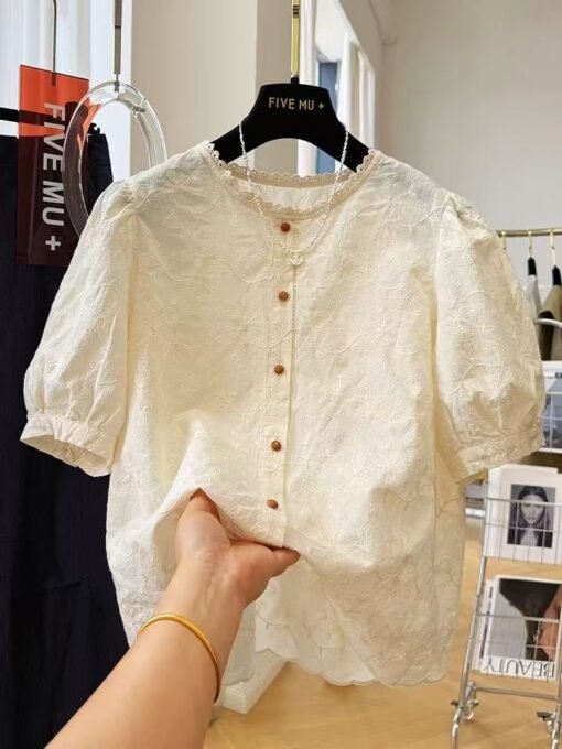Vapetix Plus Size L-M  New Summer Large Women's Cotton-Linen Blouse High-end Linen Short Sleeve Loose Round Neck Shirt Sty - Afbeelding 8