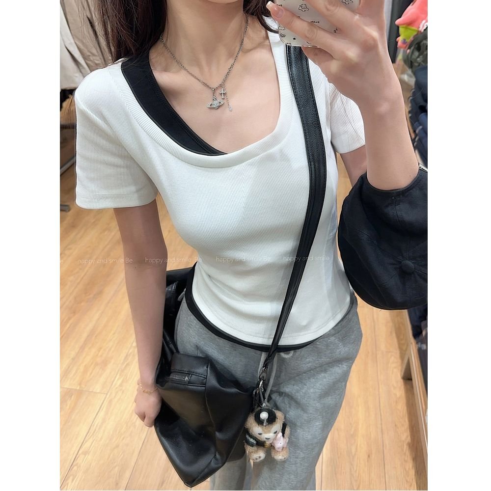 Vapetix S-XL Original design sense square collar fake two-piece short-sleeved t-shirt women's summer slimming pu