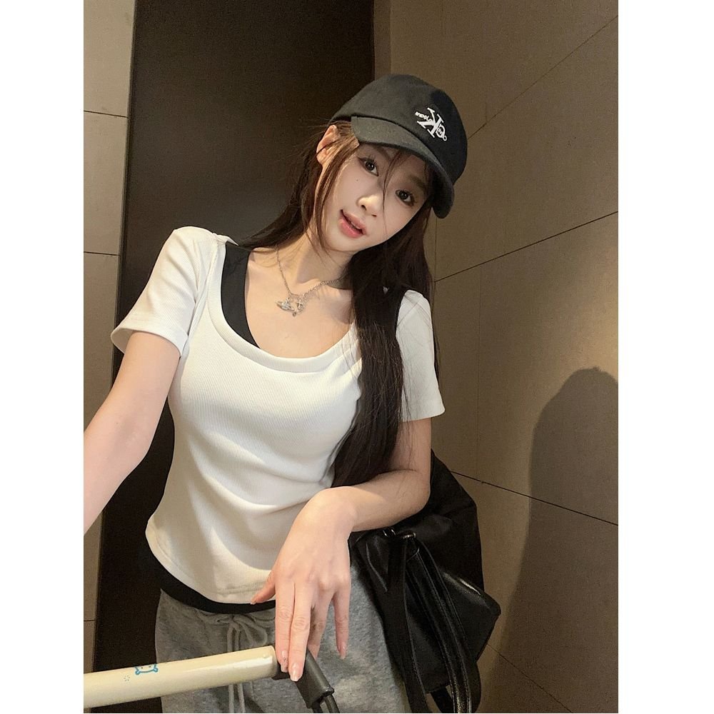 Vapetix S-XL Original design sense square collar fake two-piece short-sleeved t-shirt women's summer slimming pu - 图片 2