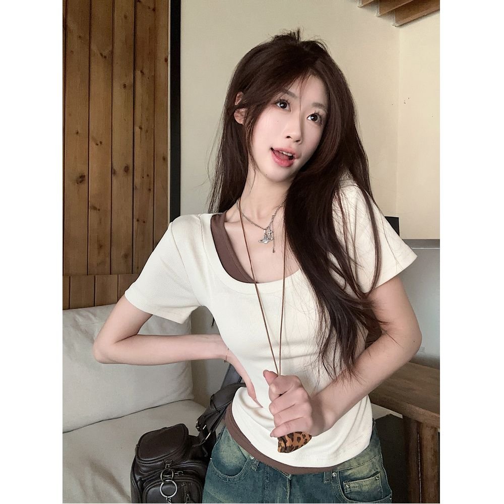 Vapetix S-XL Original design sense square collar fake two-piece short-sleeved t-shirt women's summer slimming pu - 图片 4