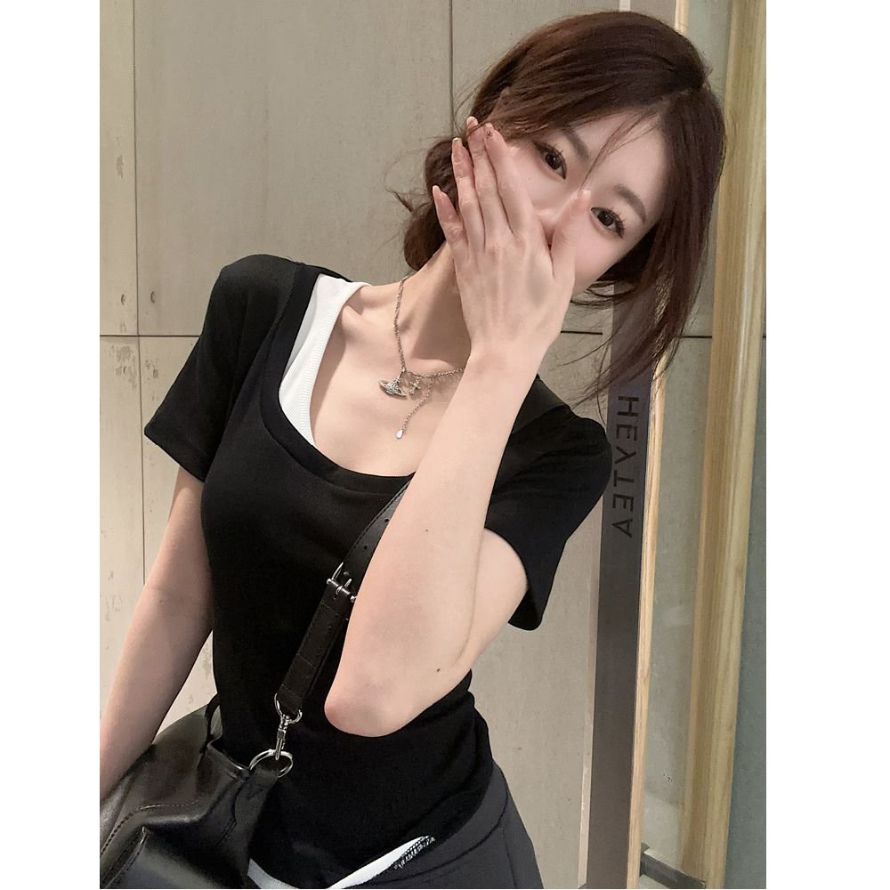 Vapetix S-XL Original design sense square collar fake two-piece short-sleeved t-shirt women's summer slimming pu - 图片 5