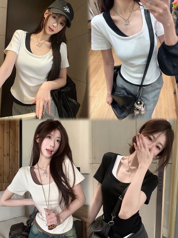 Vapetix S-XL Original design sense square collar fake two-piece short-sleeved t-shirt women's summer slimming pu - 图片 7
