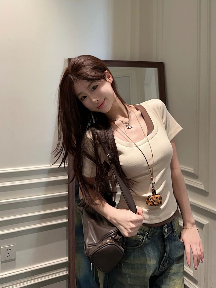 Vapetix S-XL Original design sense square collar fake two-piece short-sleeved t-shirt women's summer slimming pu - 图片 8