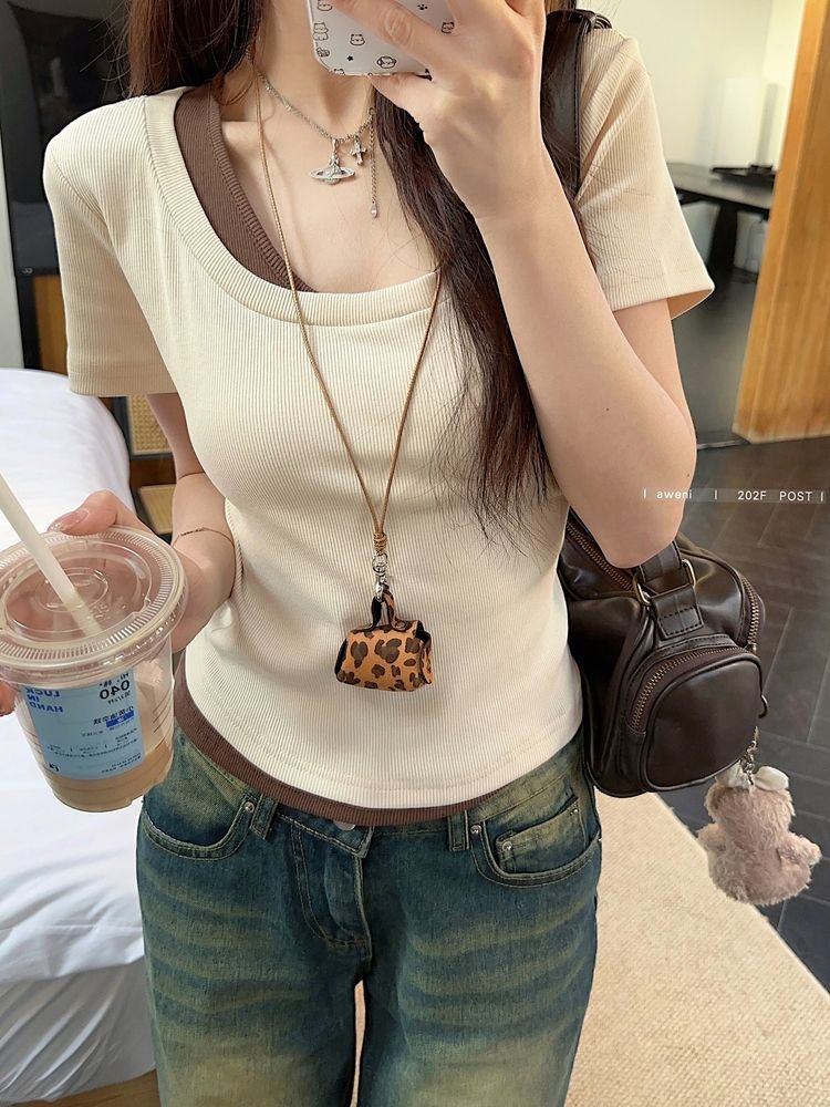 Vapetix S-XL Original design sense square collar fake two-piece short-sleeved t-shirt women's summer slimming pu - 图片 9