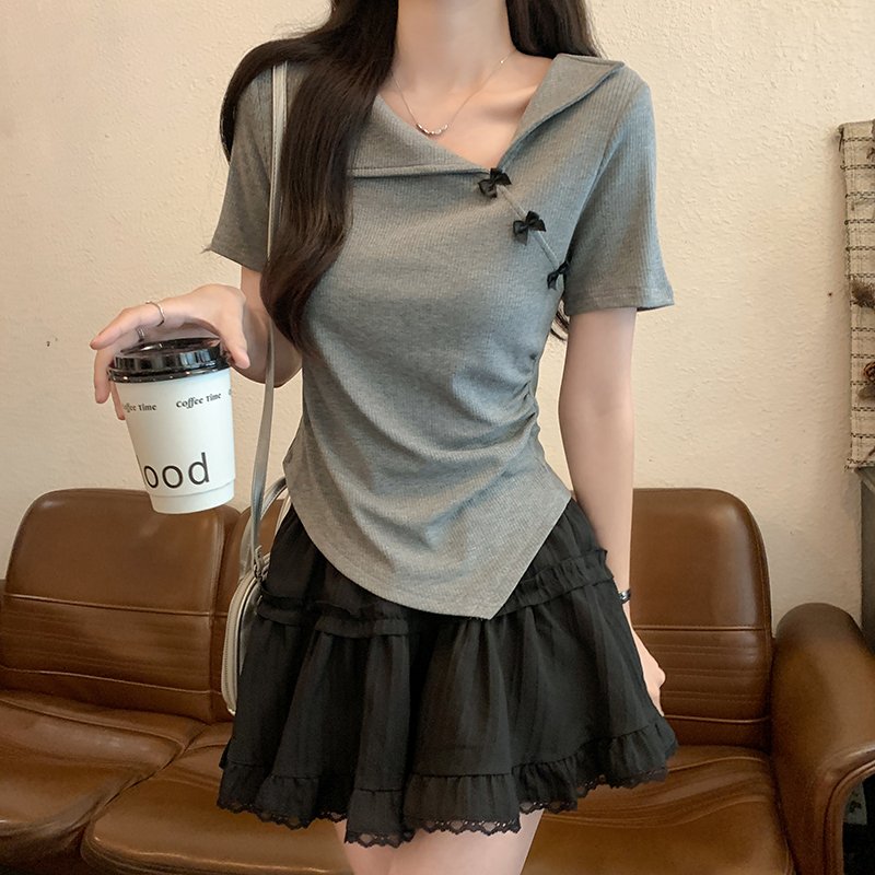 Vapetix S-XL 92% viscose 8% spandex French V-neck polo short-sleeve T-shirt for women summer hot girl short top - 图片 5