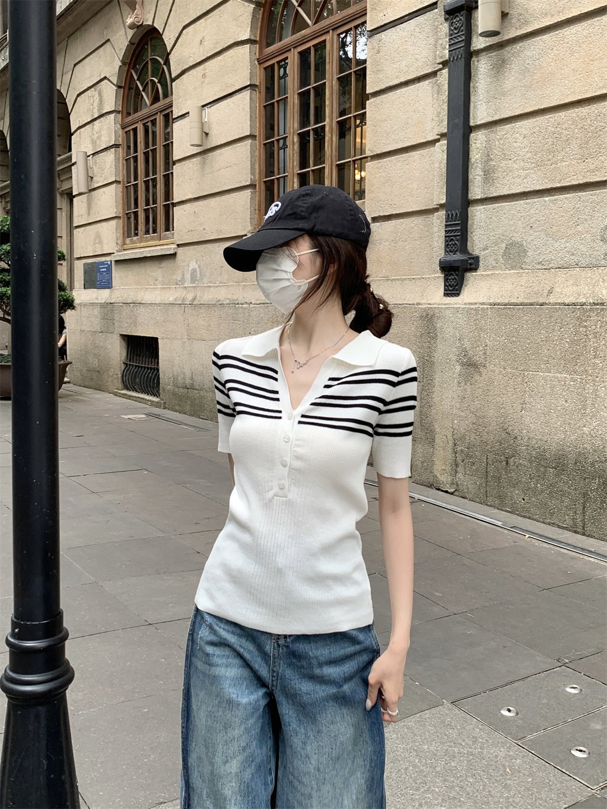 Vapetix Free Size-Free Size Photographed Summer Korean-style temperament polo collar button retro color-block striped knit top