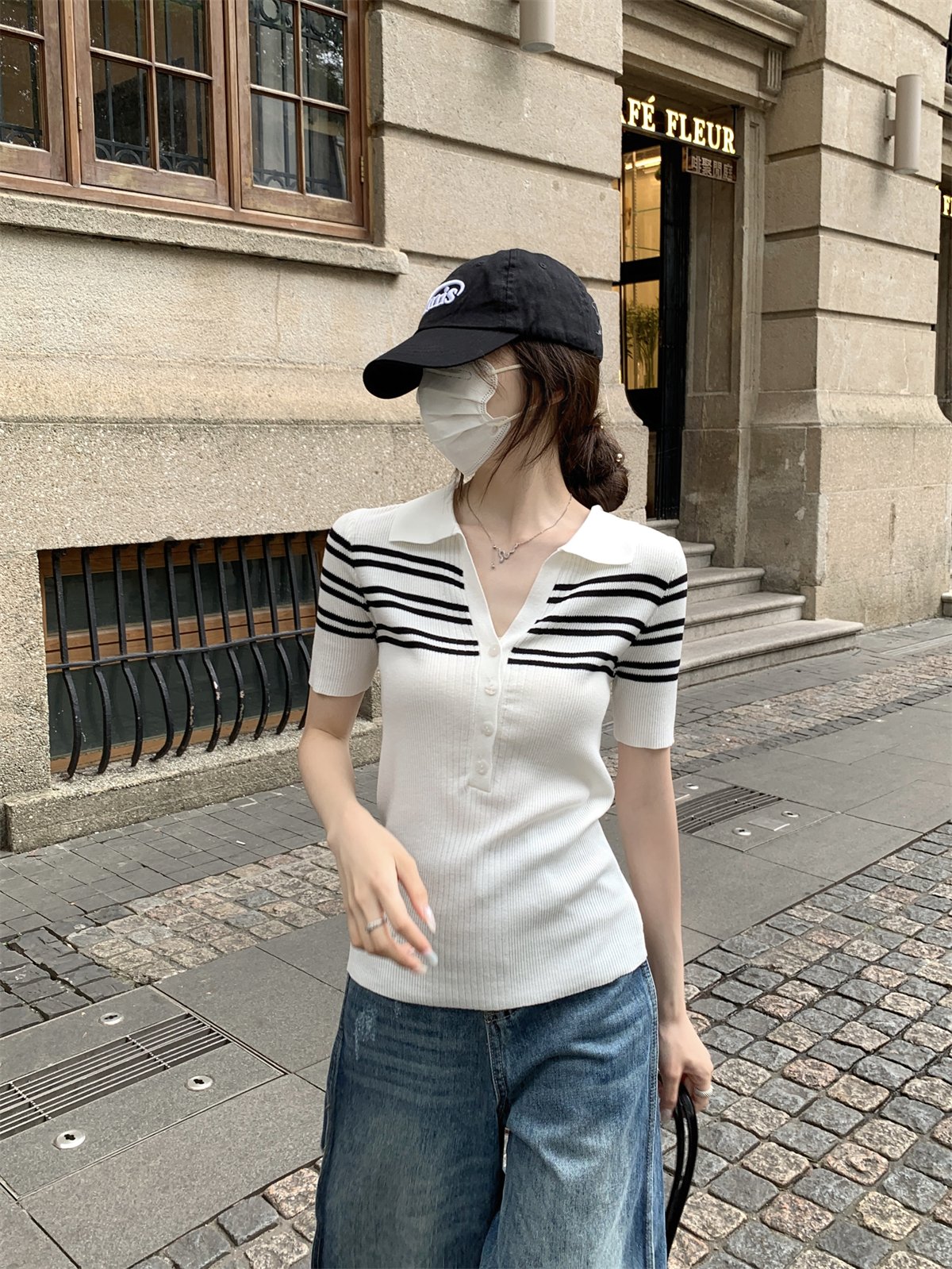 Vapetix Free Size-Free Size Photographed Summer Korean-style temperament polo collar button retro color-block striped knit top – Bild 2