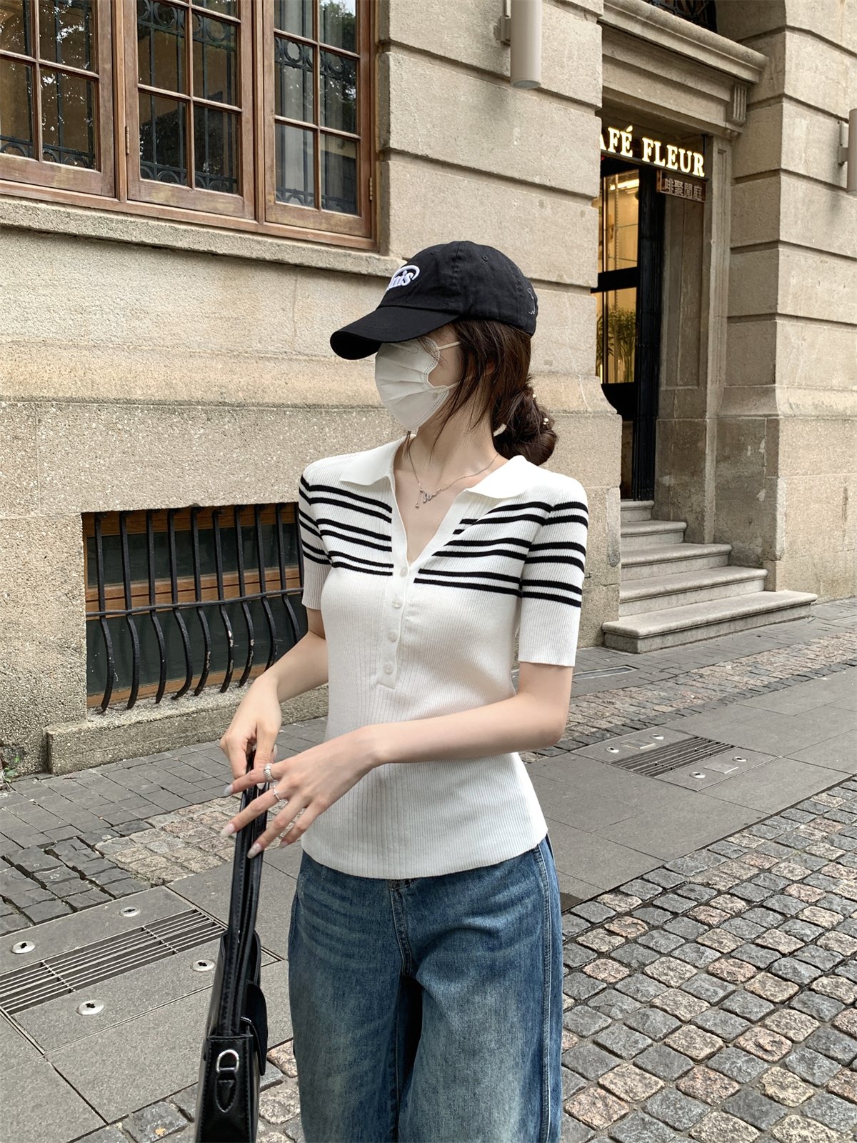 Vapetix Free Size-Free Size Photographed Summer Korean-style temperament polo collar button retro color-block striped knit top – Bild 3