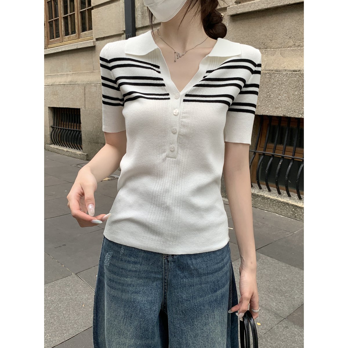 Vapetix Free Size-Free Size Photographed Summer Korean-style temperament polo collar button retro color-block striped knit top – Bild 4