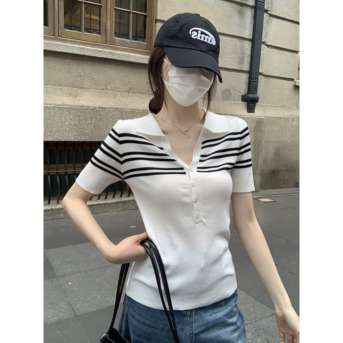 Vapetix Free Size-Free Size Photographed Summer Korean-style temperament polo collar button retro color-block striped knit top – Bild 6