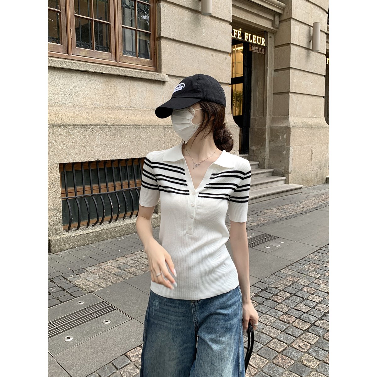 Vapetix Free Size-Free Size Photographed Summer Korean-style temperament polo collar button retro color-block striped knit top – Bild 7