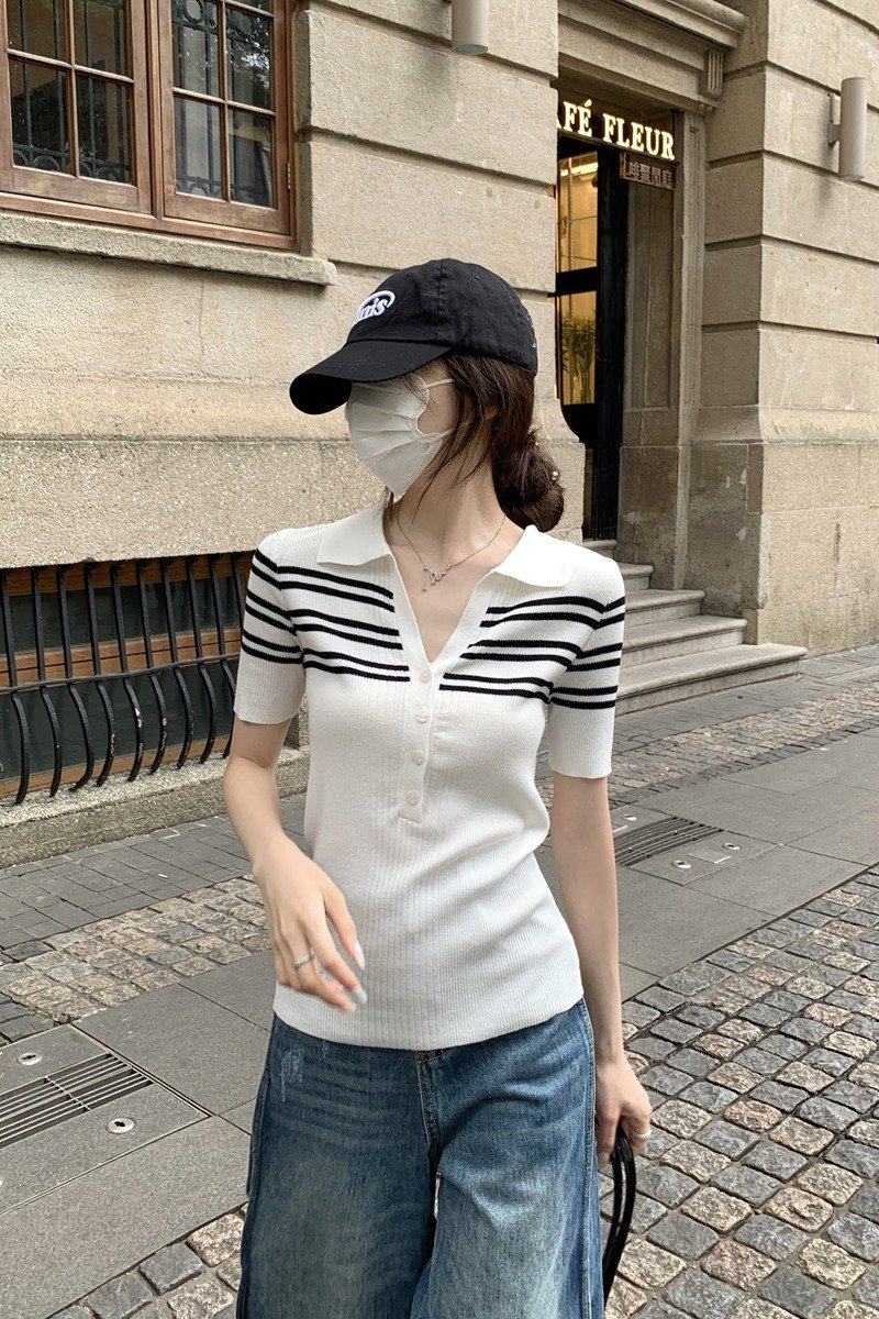 Vapetix Free Size-Free Size Photographed Summer Korean-style temperament polo collar button retro color-block striped knit top – Bild 8