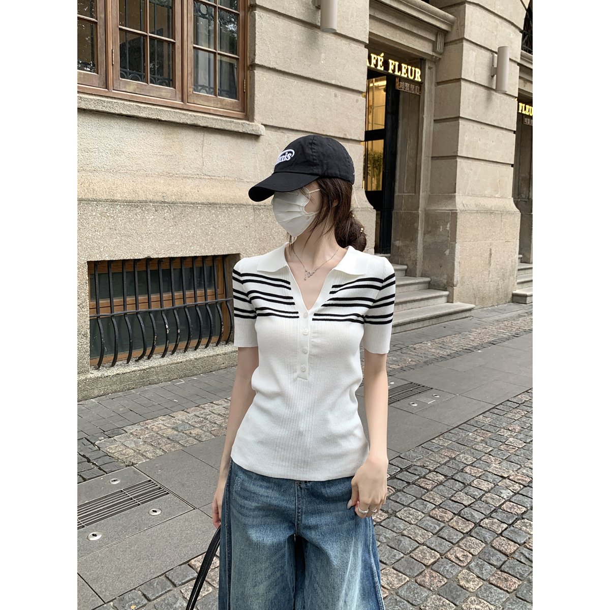 Vapetix Free Size-Free Size Photographed Summer Korean-style temperament polo collar button retro color-block striped knit top – Bild 9