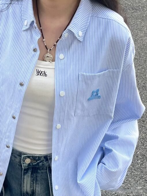 Vapetix S-2XL  American Retro Blue Striped Women's Shirts 2025 New Puppy Embroidery Early Autumn Coat Loose Colleg - Pilt 3