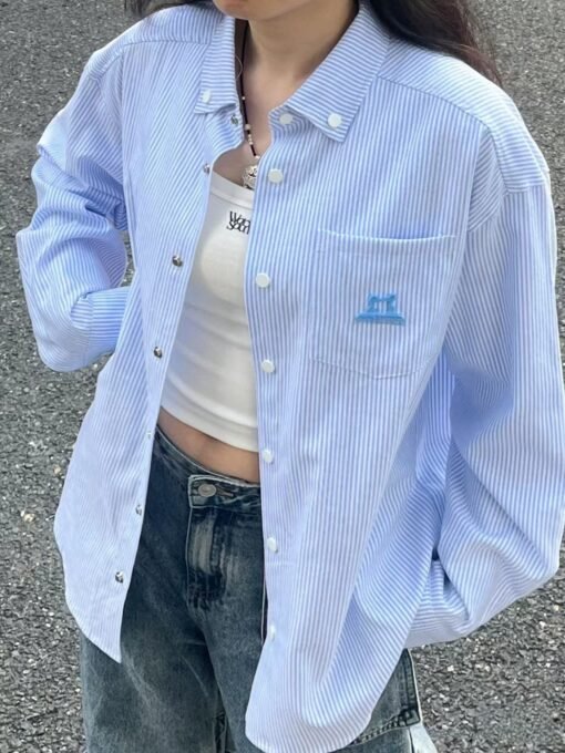Vapetix S-2XL  American Retro Blue Striped Women's Shirts 2025 New Puppy Embroidery Early Autumn Coat Loose Colleg - Pilt 4