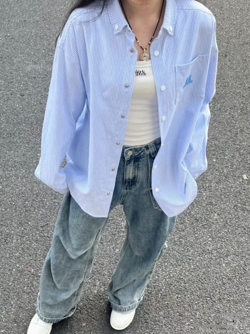 Vapetix S-2XL  American Retro Blue Striped Women's Shirts 2025 New Puppy Embroidery Early Autumn Coat Loose Colleg - Pilt 5