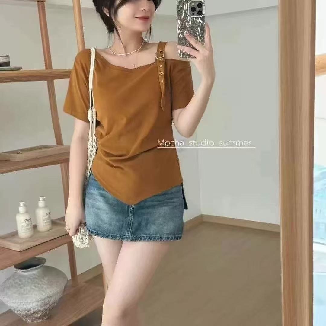 Vapetix Free Size-Free Size Summer New Korean Style Elegant Fashion Slimming Design Unusual Shoulder Straps Unique Short Sleeve – Bild 5