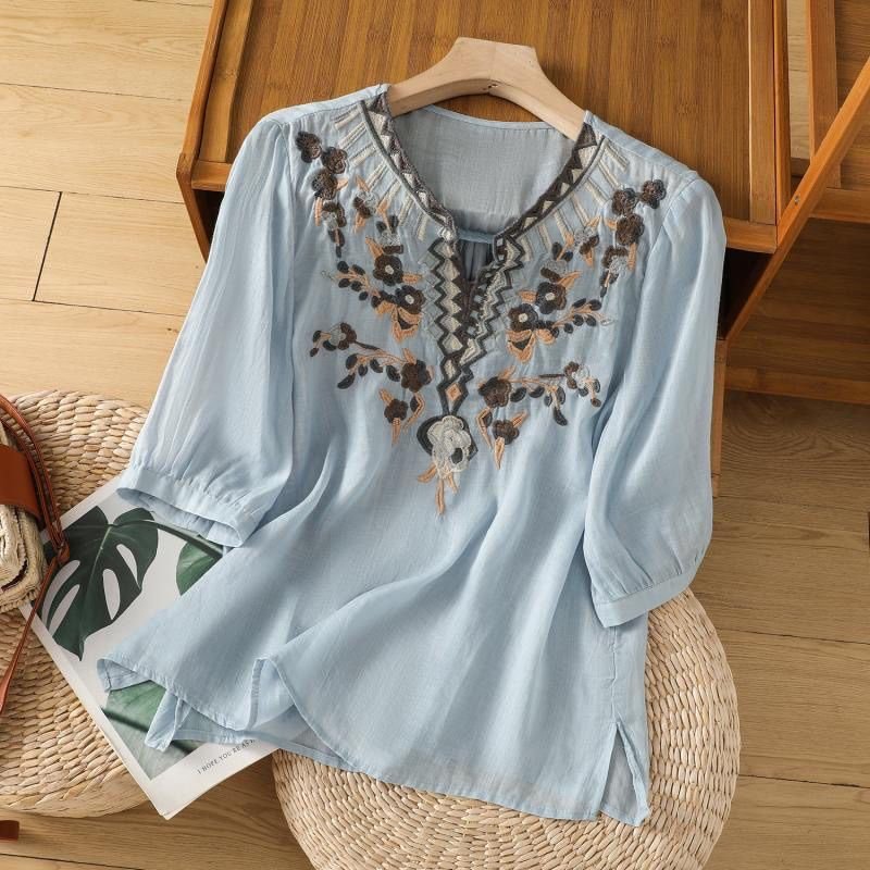 Vapetix M-3XL Real shot ethnic retro heavy embroidery cotton linen shirt casual summer hooded shirt loose literar – Bild 5