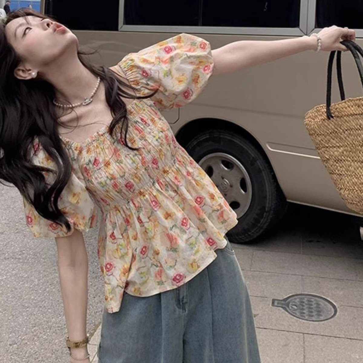 Vapetix M-3XL Korean Fashion New Design Square Collar Pleated Short Sleeve Shirt Women 2025 Summer New Loose Hide - 图片 5