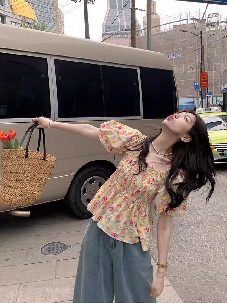 Vapetix M-3XL Korean Fashion New Design Square Collar Pleated Short Sleeve Shirt Women 2025 Summer New Loose Hide - 图片 8