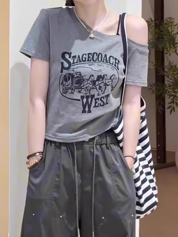 Vapetix M-4XL Plus Size Fat Girls Pure Cotton Asymmetric Shoulder Printed Short Sleeve T-Shirt Women's Summer New