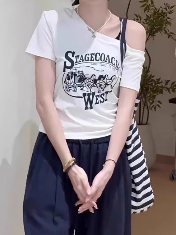 Vapetix M-4XL Plus Size Fat Girls Pure Cotton Asymmetric Shoulder Printed Short Sleeve T-Shirt Women's Summer New – Bild 2