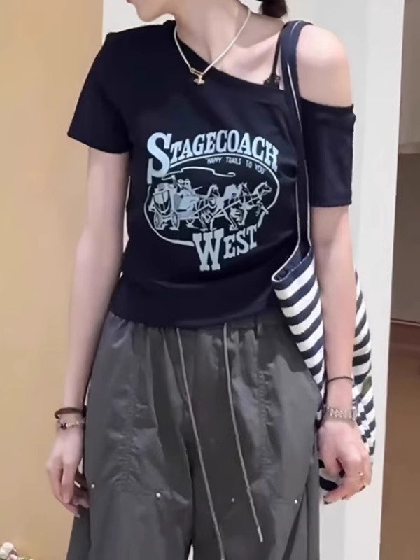 Vapetix M-4XL Plus Size Fat Girls Pure Cotton Asymmetric Shoulder Printed Short Sleeve T-Shirt Women's Summer New – Bild 3