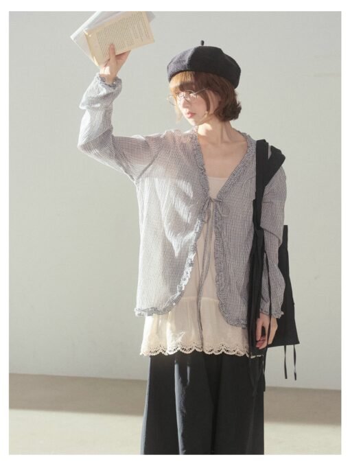 Vapetix M-2XL  Vintage Literary Checkered Lace Bow Sunshade Shirt Women's Summer Design Versatile Long Sleeve Top - Afbeelding 2