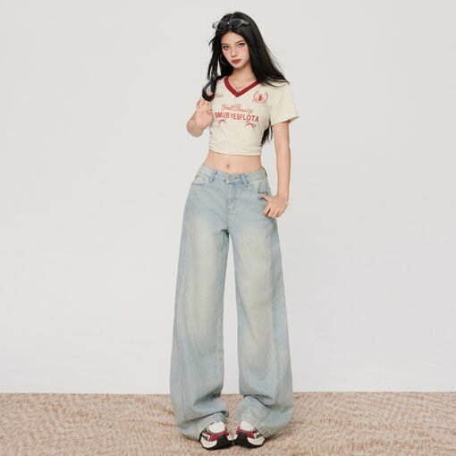 Vapetix XS-XL  Photographed~ Spring essential light washed blue micro bend knife denim casual loose wide leg pants