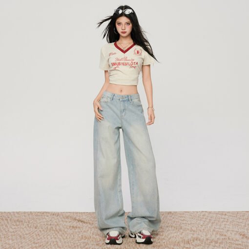 Vapetix XS-XL  Photographed~ Spring essential light washed blue micro bend knife denim casual loose wide leg pants - Obrázek 4