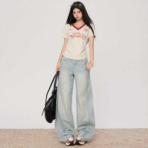 Vapetix XS-XL  Photographed~ Spring essential light washed blue micro bend knife denim casual loose wide leg pants - Obrázek 7