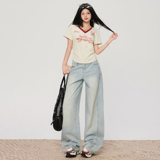 Vapetix XS-XL  Photographed~ Spring essential light washed blue micro bend knife denim casual loose wide leg pants - Obrázek 8