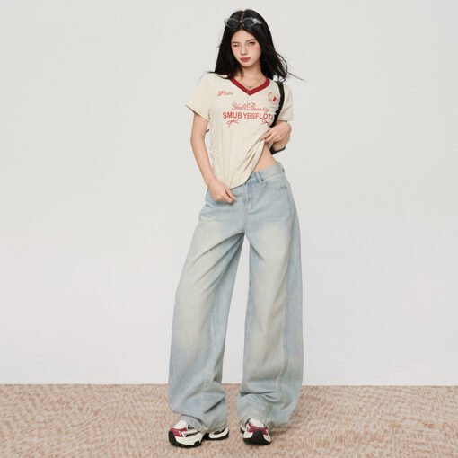 Vapetix XS-XL  Photographed~ Spring essential light washed blue micro bend knife denim casual loose wide leg pants - Obrázek 9