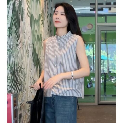 Vapetix Free Size-Free Size  Mayya Plus 2025 New Lotus Collar Layered Sleeveless Blouse for Women Summer Striped Elegant Top