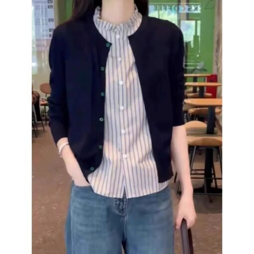 Vapetix Free Size-Free Size  Mayya Plus 2025 New Lotus Collar Layered Sleeveless Blouse for Women Summer Striped Elegant Top - Afbeelding 2