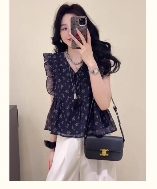 Vapetix S-XL  Korean-style wood ear edge floral V-neck women's 2025 summer new trendy versatile chiffon shirt top