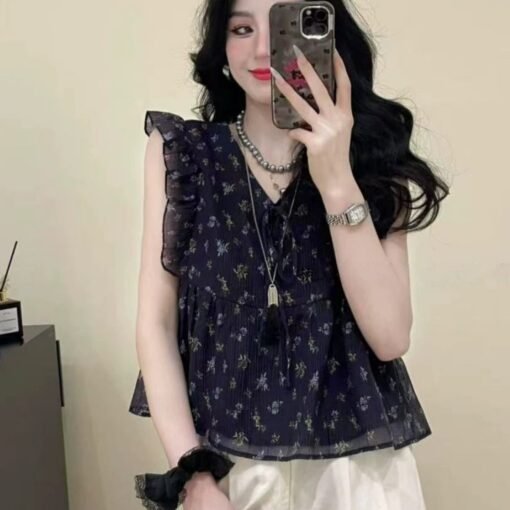 Vapetix S-XL  Korean-style wood ear edge floral V-neck women's 2025 summer new trendy versatile chiffon shirt top - Afbeelding 3