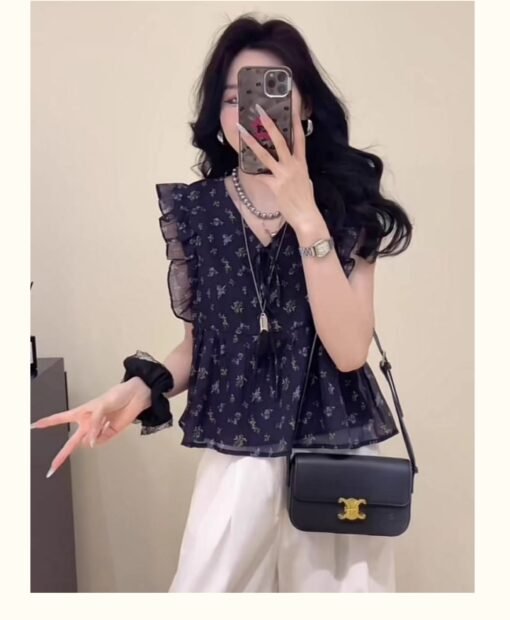 Vapetix S-XL  Korean-style wood ear edge floral V-neck women's 2025 summer new trendy versatile chiffon shirt top - Afbeelding 4